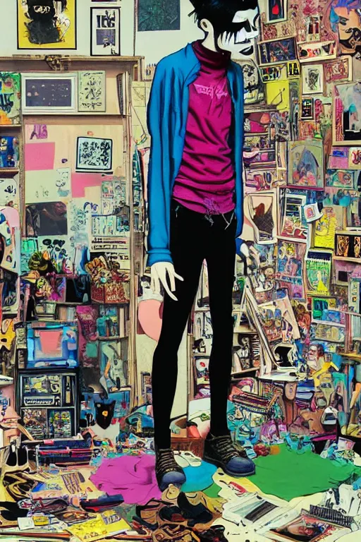 Image similar to a skinny goth guy standing in a cluttered 9 0 s bedroom by jamie hewlett, jamie hewlett art, full body character concept art, vaporwave colors, digital painting, hd, ultra hd, detailed, award winning, small details, artgerm art, sabas apterus art,