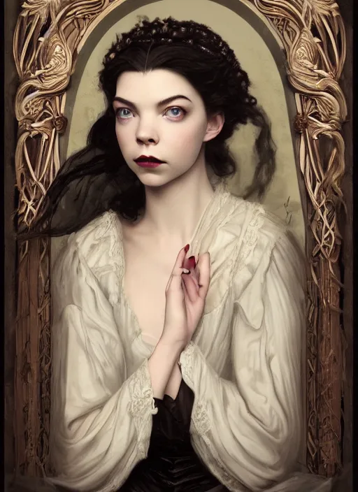 Image similar to a portrait of an elegant beautiful dark bohemian vampire woman, smooth face, glamour shot, (Anya Taylor-Joy), bored, illustration, dramatic lighting, soft details, painting oil on canvas, art nouveau, octane render, HDR, 4k, 8k, HD, by Edmund Blair Leighton, Brom, Charlie Bowater, trending on artstation,