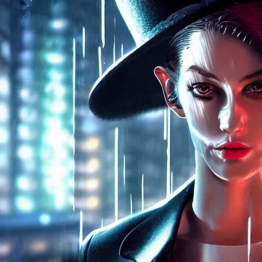 Image similar to stylish woman cartoon portrait made out of rain, pinstripe suit, top hat, cyberpunk background, rendered in octane, unreal engine, highly detailed, trending on artstation, realistic, neon, beautiful