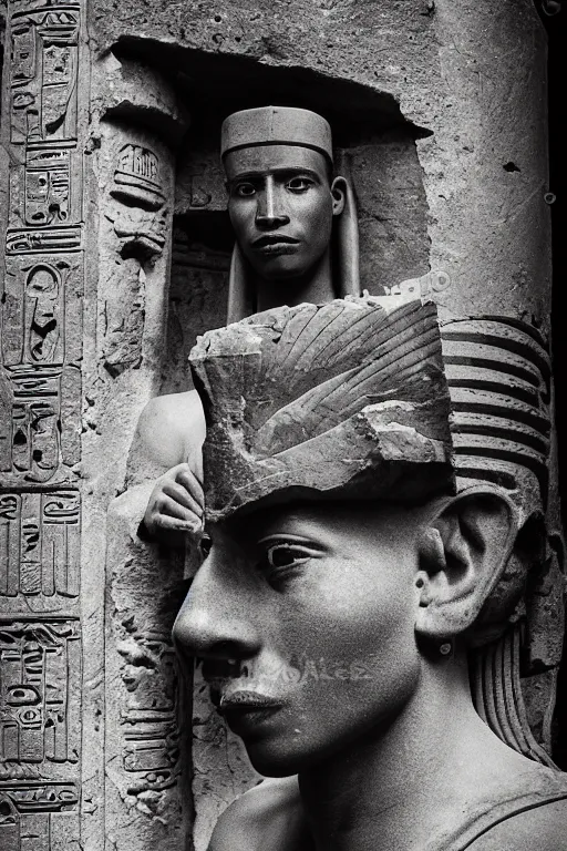 Image similar to a dramatic hero portrait of an ancient nubian temple guard in old egypt. photography photo art. cover of national geographic magazine