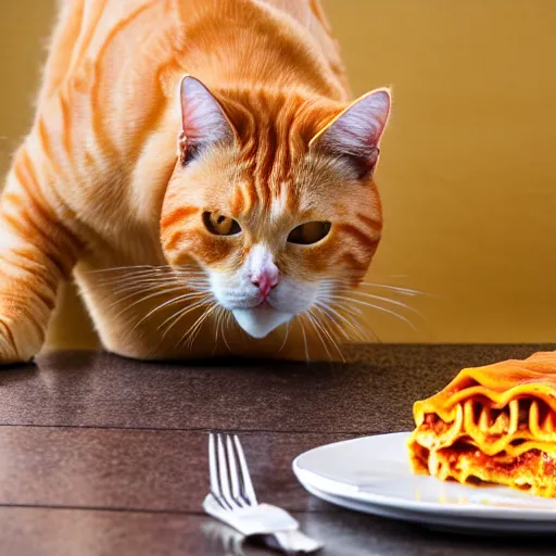 Prompt: an obese orange tabby cat eating lasagna on monday, photo, 8 k