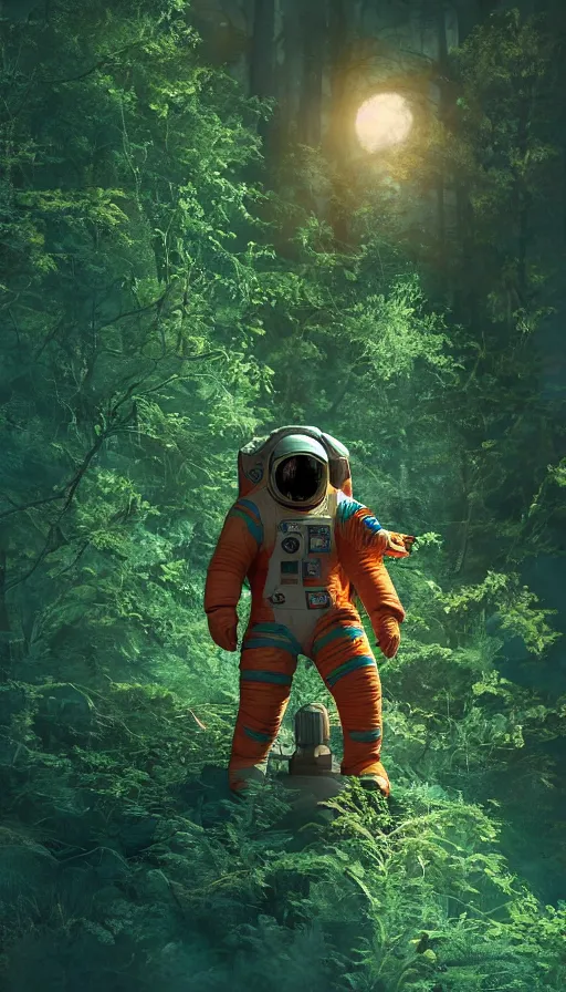 Prompt: american astronaut in teal and orange suite, the forest plants environment wide angle cinematic lighting atmospheric realistic octane render highly detailed, octane render, in the style of craig mullins