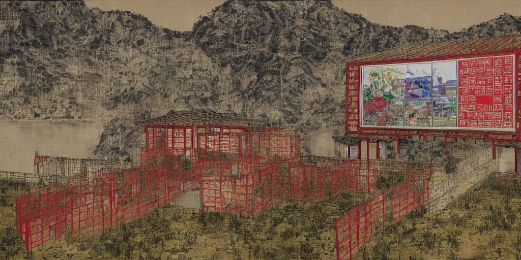 Image similar to a chinese prison near a river by peter doig, overlaid with chinese adverts