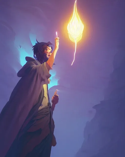 Image similar to highly detailed vfx portrait of an old mage casting a light spell, unreal engine, greg rutkowski, loish, rhads, beeple, makoto shinkai and lois van baarle, ilya kuvshinov, rossdraws, tom bagshaw, alphonse mucha, global illumination, detailed and intricate environment