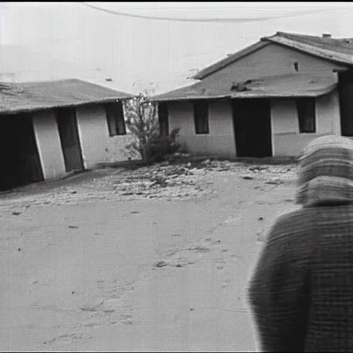 Prompt: scarry old granny filmed om security camera, village 1976, bw, high detailed, horror