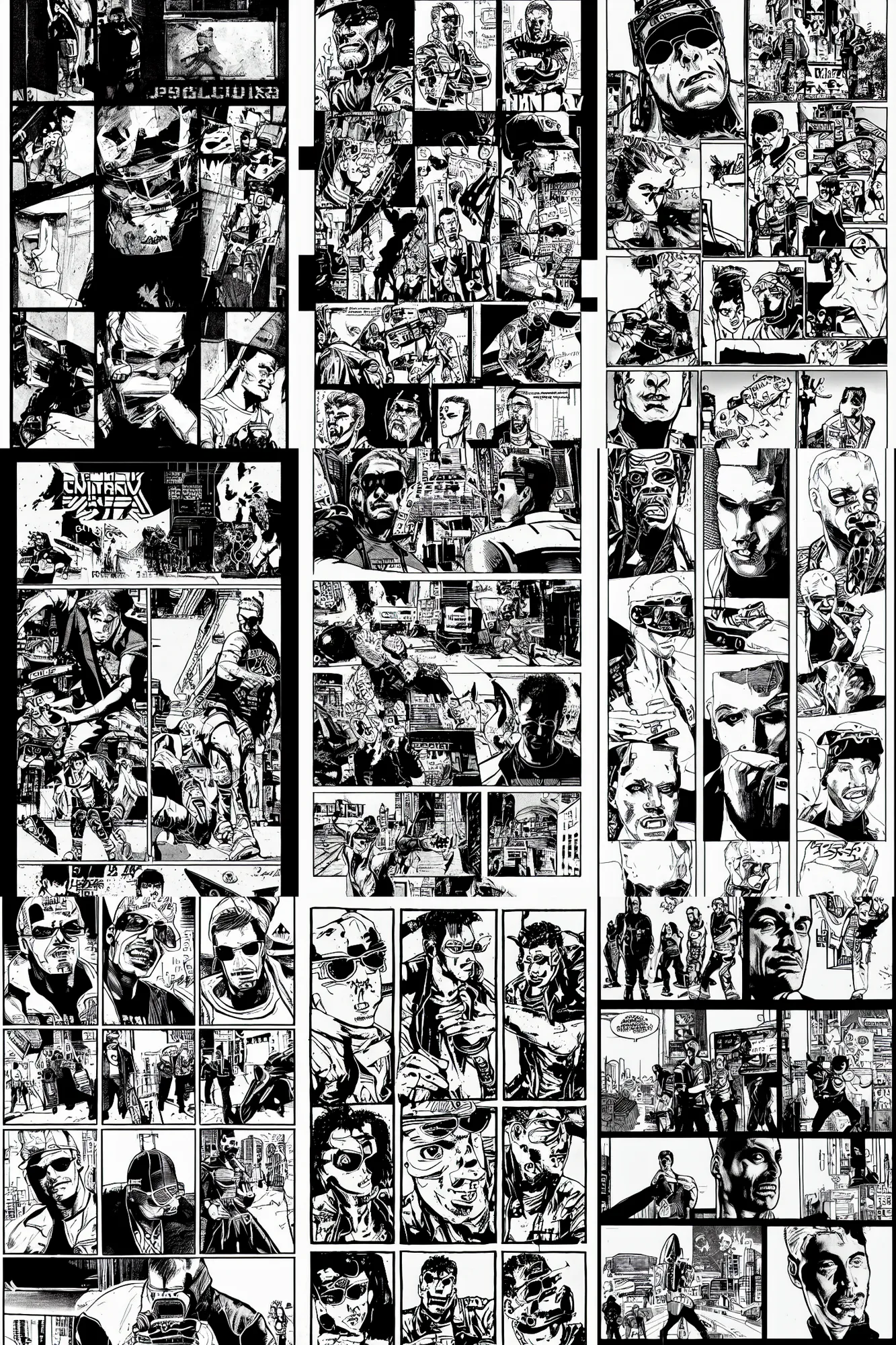Prompt: jerma 9 8 5, a page from cyberpunk 2 0 2 0, style of paolo parente, style of mike jackson, adam smasher, johnny silverhand, 1 9 9 0 s comic book style, white background, ink drawing, black and white