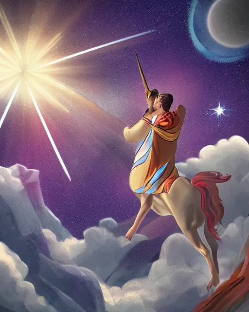 Prompt: Stylized Artistic Render of Jesus flying a unicorn through space while shooting lasers out of his eyes