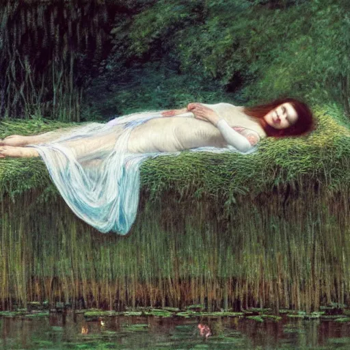 Image similar to breathtaking masterpiece of art, elizabeth eleanor siddall as ophelia laying down in water floating down the river amongst the reeds fully covered in robes fully clothed in flowing medieval robes by rosetti and monet, 8 k