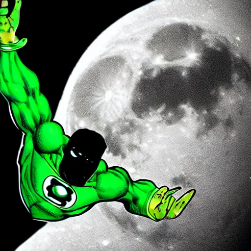 Image similar to Green Lantern in black and white uniform flying in-front of the moon, dramatic, dark, DC comic style