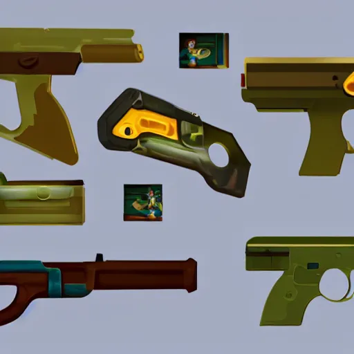 Image similar to toys like gun, great colors, soft lighting, mobile game, concept art