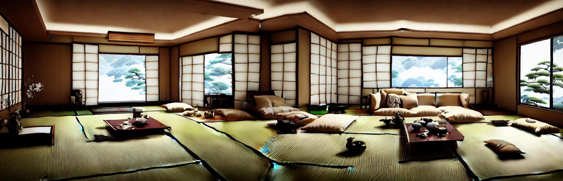 Prompt: a Japanese modern style luxurious living room, hyper realism, 3d, ray tracing, photo realism, high definition, 8k, intricate and epic concept art, highly detailed, cinematic,