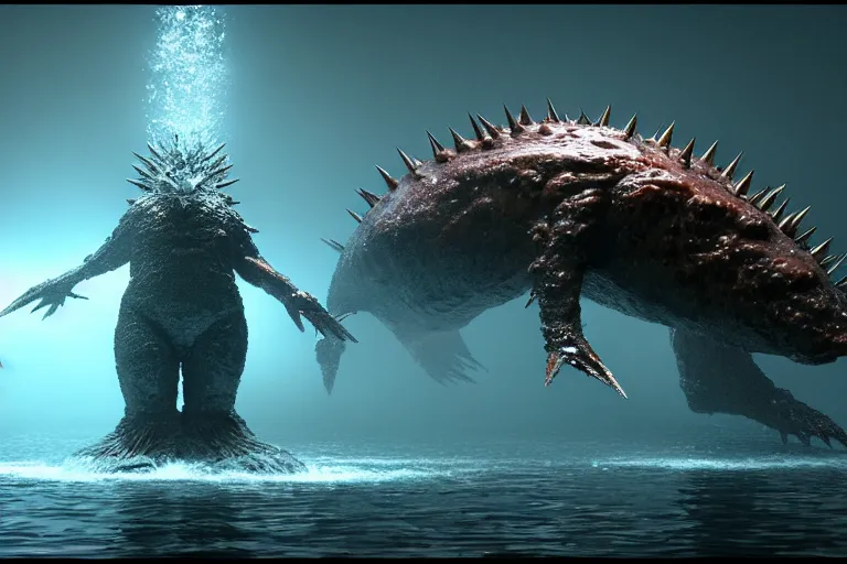 Prompt: huge bulky water creature made out of a humanoid nervous system with large meaty spikes all over the body, cinematic, volumetric lighting, f 8 aperture, cinematic eastman 5 3 8 4 film, photorealistic