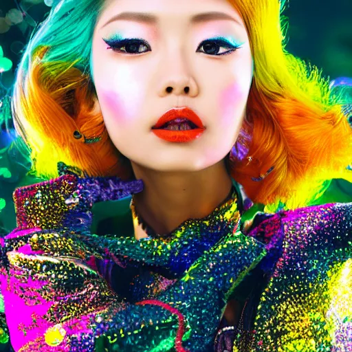 Image similar to japanese model with maximalist hair style and makeup, bright colors, fashion model, portrait shot, glitter, depth of field, 8 k, hyper detailed, intricate, trending on artstation