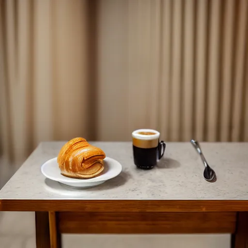 Prompt: photo in an empty hotel lobby, steaming cup of cappuccino on a low table, croissant on a plate, coffee spoon on a napkin, liminal, diffuse light, hdr, dslr