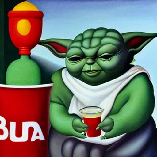 Prompt: A Fernando Botero painting of Yoda drinking a Big Gulp at 7-Eleven