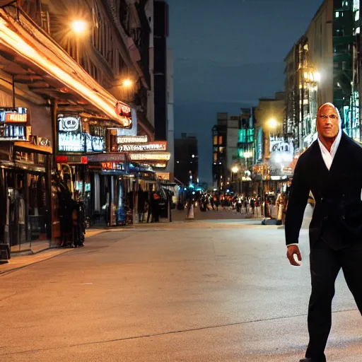 Image similar to Dwayne Johnson on the street in the night, bright lighting, high quality, ultra detailed , full body