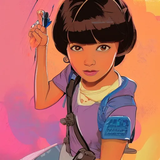 Image similar to a study of cell shaded portrait of Isabela Moner as dora the explorer, concept art, illustration, post grunge, concept art by josan gonzales and wlop, by james jean, Victo ngai, David Rubín, Mike Mignola, Laurie Greasley, highly detailed, sharp focus, Trending on Artstation, HQ, deviantart, art by artgem