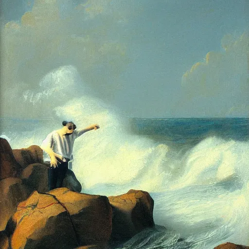 Prompt: painting of a person standing on a rock with waves crashing around by friedrich