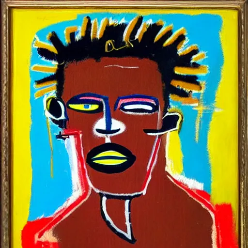 Image similar to a portrait made by Basquiat of a male guy with little beard big lips big nose style paint canvas materical