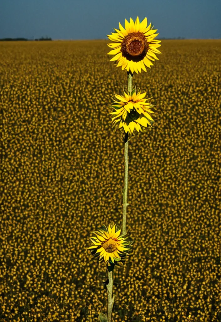 Image similar to A communist Propaganda Poster of a single sunflower in a vast dry field.