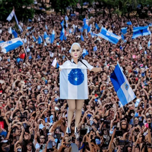 Image similar to Lady Gaga as president, Argentina presidential rally, Argentine flags behind, bokeh, giving a speech, detailed face, Argentina