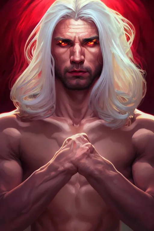 Prompt: a handsome man with long white hair, red eyes, muscular, superpowers, fantasy, portrait, sharp focus, intricate, elegant, digital painting, artstation, matte, highly detailed, concept art, illustration, ambient lighting, art by ilya kuvshinov, artgerm, Alphonse mucha, and Greg Rutkowski