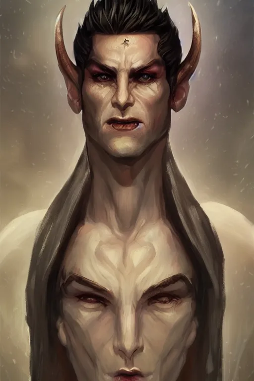 Prompt: djinn man male demon, portrait, full body character concept art, purple cloak, single person, illustration, white horns from eyebrows, single face, cinematic color grading, editorial photo, fashion, hyperrealism, trending on artstation, Charlie Bowater, WLOP