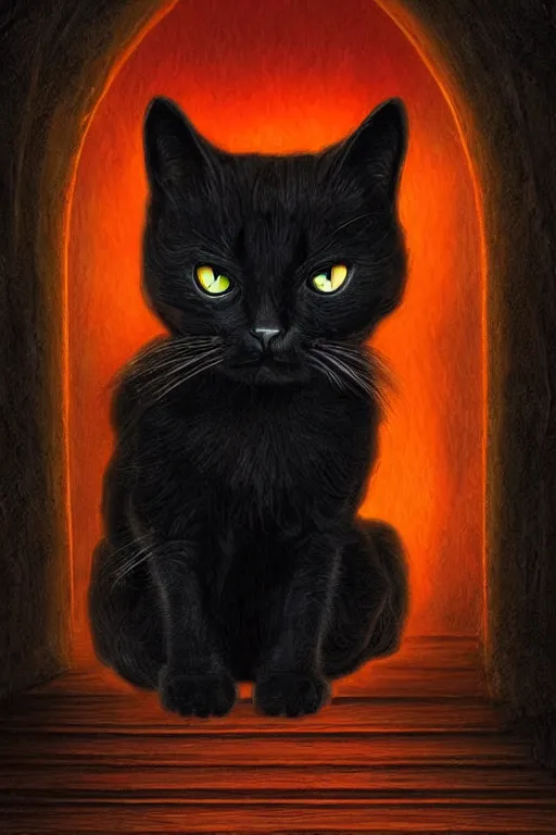 Prompt: evil black cat sitting next to a glowing doorway, by Anne Stokes, digital illustration, artstation, artstation hq, hd