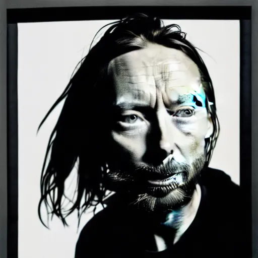 Image similar to Thom Yorke, a man with a beard and a black jacket, a portrait by John E. Berninger, dribble, neo-expressionism, uhd image, studio portrait, 1990s