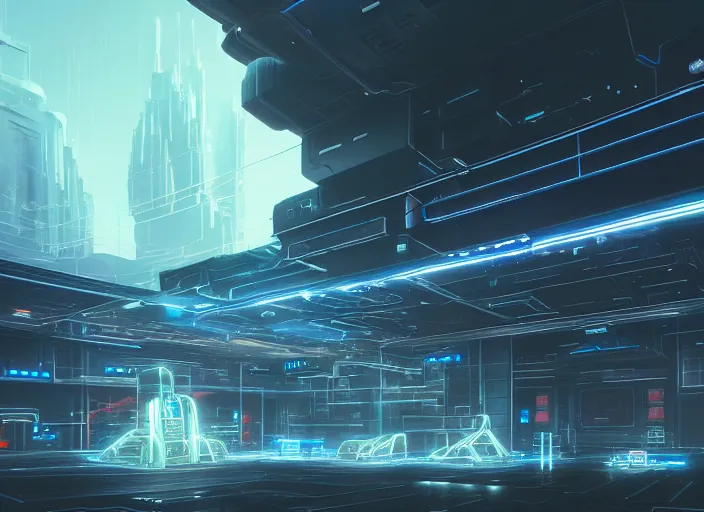 Image similar to exterior of scifi temple, machines, architecture, cult of artificial intelligence, ultra realistic, gaming computers, highly detailed, atmosphere, masterpiece, concept art, glowing wires, transparent objects, cyberpunk, highlighted, 4 k, cinematic, art by patryk olkiewicz and chris ostrowski and liang yao