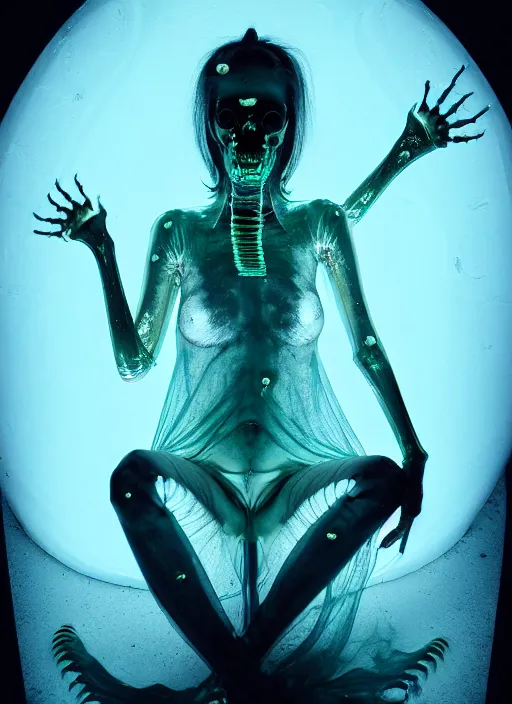 Prompt: dark cinematic shot of a sci - fi kawaii saliva goo creature princess ungulate thing of slime crouched atop a sleeping fool, translucent x ray see through skin skeletal, she has iridescent membranes, flaring gills and baleen, shades of aerochrome gold, eerie, occult, gelatinous with a smile, dark bubbling ooze covered and serious