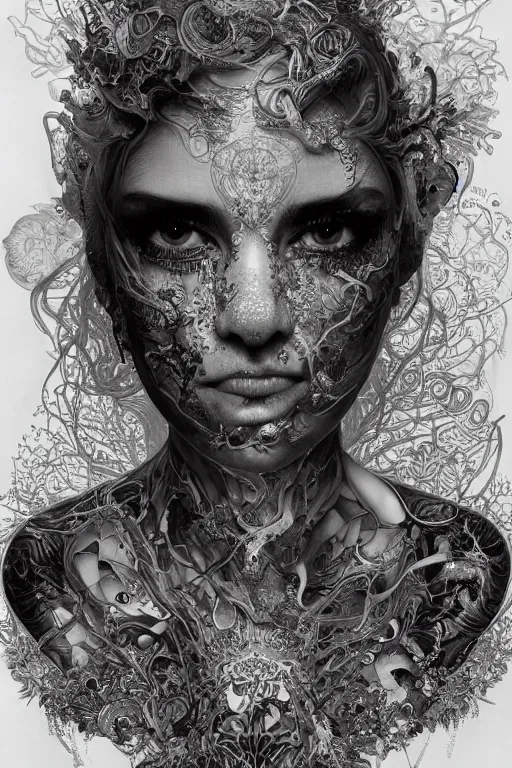 Image similar to A fractal Mesmerizing 8k hyperrealistic Photo Portrait of a pale skinned human with a tattoo by Joe Fenton that is transforming into iridescent geometry, cyberpunk, Surrounded by Mist, highly detailed, intricate, sci-fi, sharp focus, subsurface scattering, art by Ayami Kojima, artgerm, Greg Tocchini, Alphonse Mucha, Yoshitaka Amano