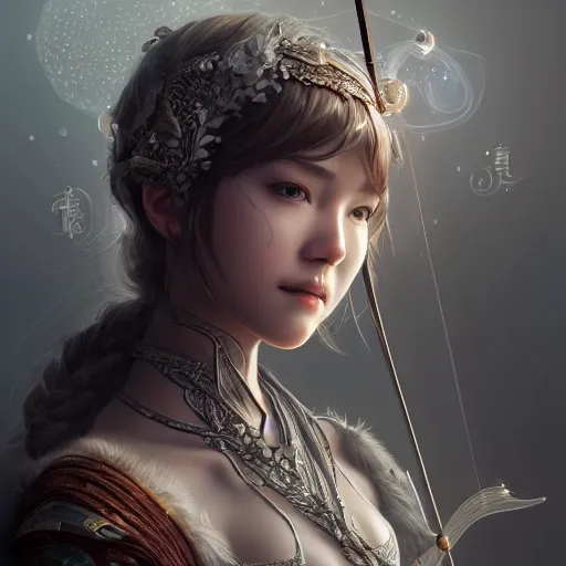 Image similar to beautiful extremely detailed intricate concept art depicting an archer by wlop. shining jewelry. grey atmosphere. particles in the background. artstation.