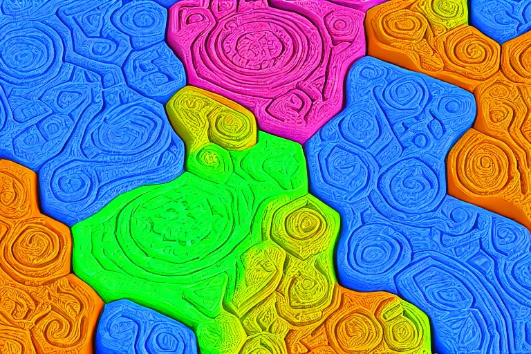 Image similar to a 3 d render of a dmt trio depicting fat rolling interleaved rolls of multicoloured plasticine forming fractal lattices enclosed by a crystalline dome. dmt, machine elves, 8 k, octane render