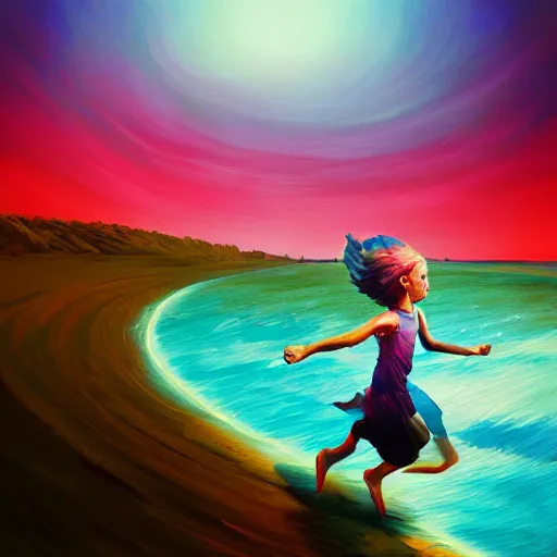 Image similar to portrait, giant rose flower head, girl running at the beach, surreal photography, sunrise, blue sky, dramatic light, impressionist painting, digital painting, artstation, simon stalenhag