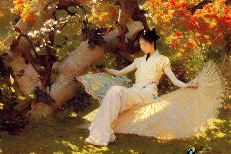 Image similar to wuxia, autumn, male rest in the garden, apricot flower falling, painting by gaston bussiere, craig mullins, j. c. leyendecker