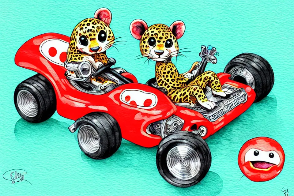 Image similar to cute and funny, baby leopard riding in a tiny go kart with oversized engine, ratfink style by ed roth, centered award winning watercolor pen illustration, isometric illustration by chihiro iwasaki, edited by range murata, tiny details by artgerm and watercolor girl, symmetrically isometrically centered