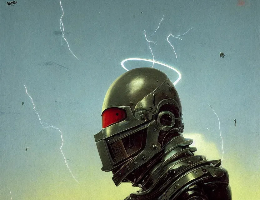 Image similar to a detailed portrait painting of a bounty hunter wearing combat armour and a reflective visor. Movie poster, cinematic sci-fi poster. Flight suit, cloth and metal, accurate anatomy. Samurai influence, knight influence. fencing armour. portrait symmetrical and science fiction theme with lightning, aurora lighting. clouds and stars. Futurism by moebius beksinski carl spitzweg moebius and tuomas korpi. baroque elements. baroque element. intricate artwork by caravaggio. Oil painting. Trending on artstation. 8k