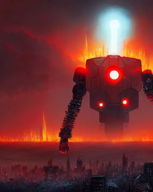 Image similar to giant robot with ominously glowing red eyes stands on top of city that is on fire, concept art, intricate details, highly detailed, in the style of pascal blanche