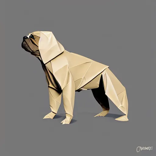 Prompt: origami low polygon, black pug, forest, digital art, hyper realistic