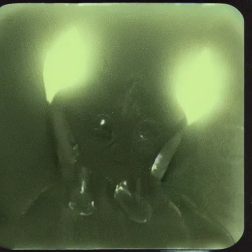 Image similar to real Polaroid picture of mothman with glowing eyes, realistic, picture taken in 1980, dark, scary atmosphere