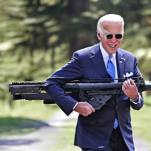 Image similar to Joe Biden carrying a Jeep mounted rifle, AP photography, full body shot, dynamic pose