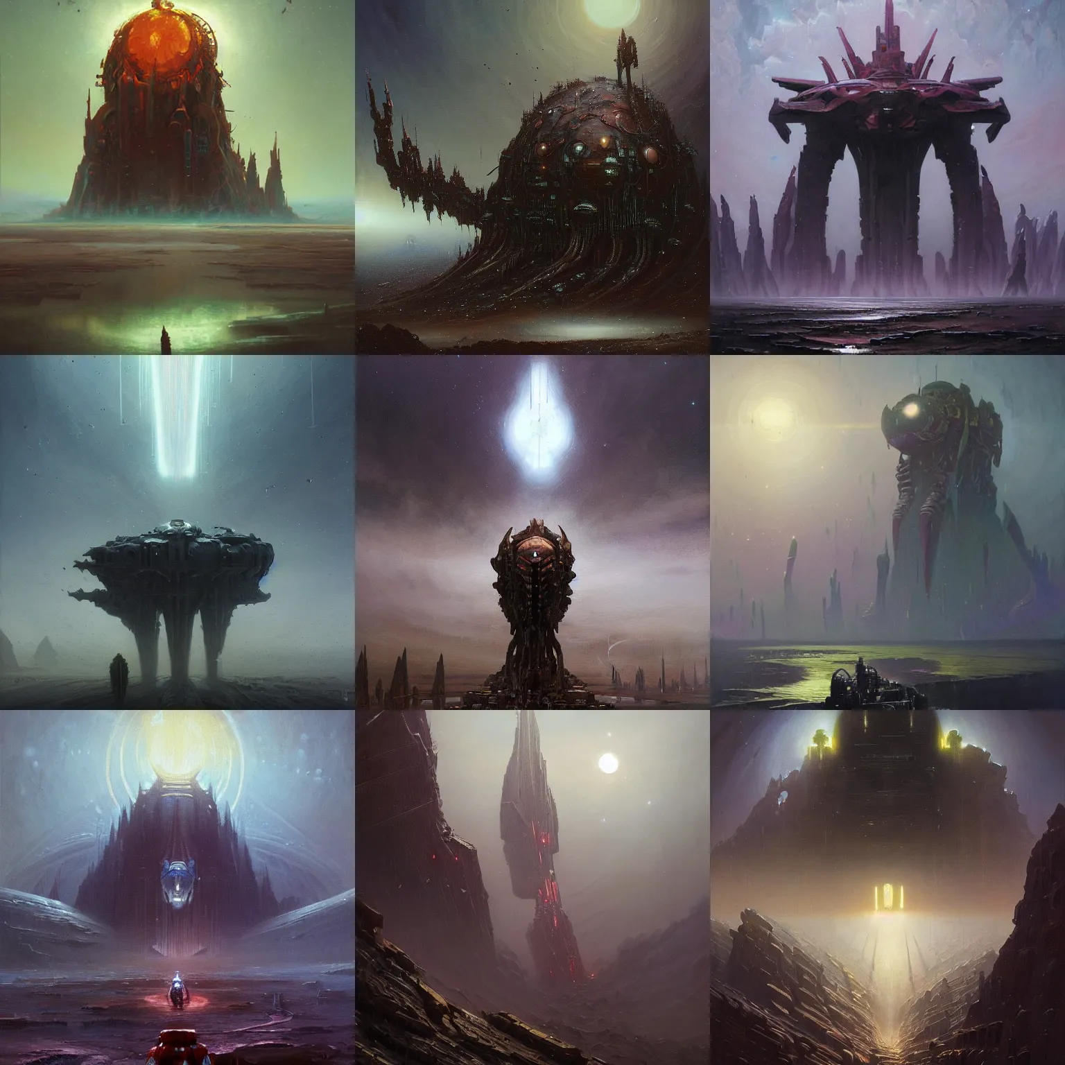 Prompt: oil painting on canvas, amazing unique dark sci-fi concept art of the great cosmic god machine by James Gurney, by Greg Rutkowski and Tyler Edlin, composition and color pallete by Simon Stalenhag, sci-fi inspiration from Jim Burns and Bruce Pennington, atmospheric lighting, epic scale, enormous scale, dynamic angle, dramatic surreal composition, sense of awe, epic and stunning, amazing, wonder, imposing, divine, deep space, 4k hubble space wallpaper, intricate details, artificial intelligence machine, fantasy elements, chaos beauty, award winning, trending on art station