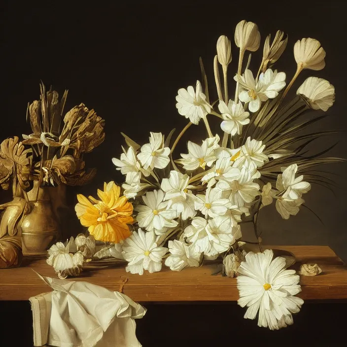 Image similar to still life painting of a beautiful bouquet of flowers by pieter claesz, palm trees in the background, oil on canvas, strong lighting, highly detailed, hyper realism, golden hour, god rays, hd, 4 k