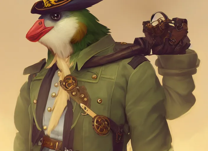 Image similar to character portrait feature of the anthro male anthropomorphic kakapo fursona wearing steampunk pirate airship captain outfit uniform professional pilot character design stylized by charlie bowater, ross tran, artgerm, and makoto shinkai, detailed, soft lighting, rendered in octane