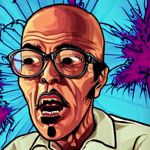 Image similar to upset delusional trippy conspiracy theorist person illustrated in the style of a GTA V poster, detailed, closeup