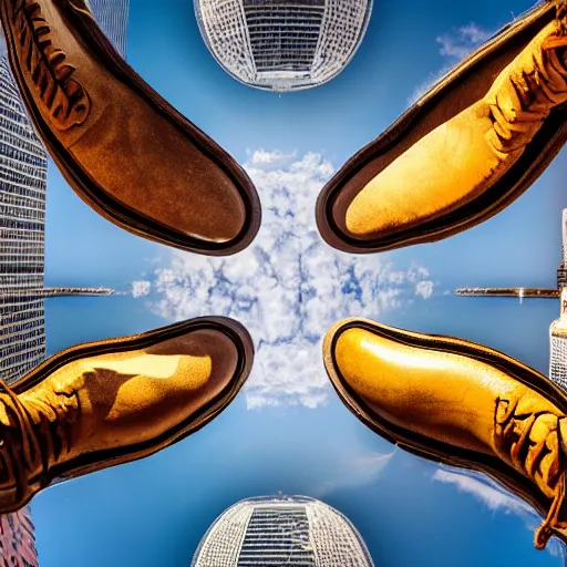 Prompt: sole of a boot about to step down, worms view, looking up, times square, sun spot, fisheye, hyperrealistic