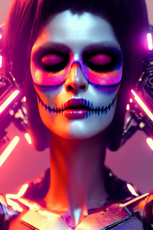 Prompt: beautiful android woman, crying eyes closed!, photorealistic cinematic, 3 d model, cyborg, postcyberpunk, blade runner, octane render, triadic color scheme, concept art, vogue, 8 k, intricate detailed environment el dia los muertos. by terry oneill and artgerm and kuciara and mucha
