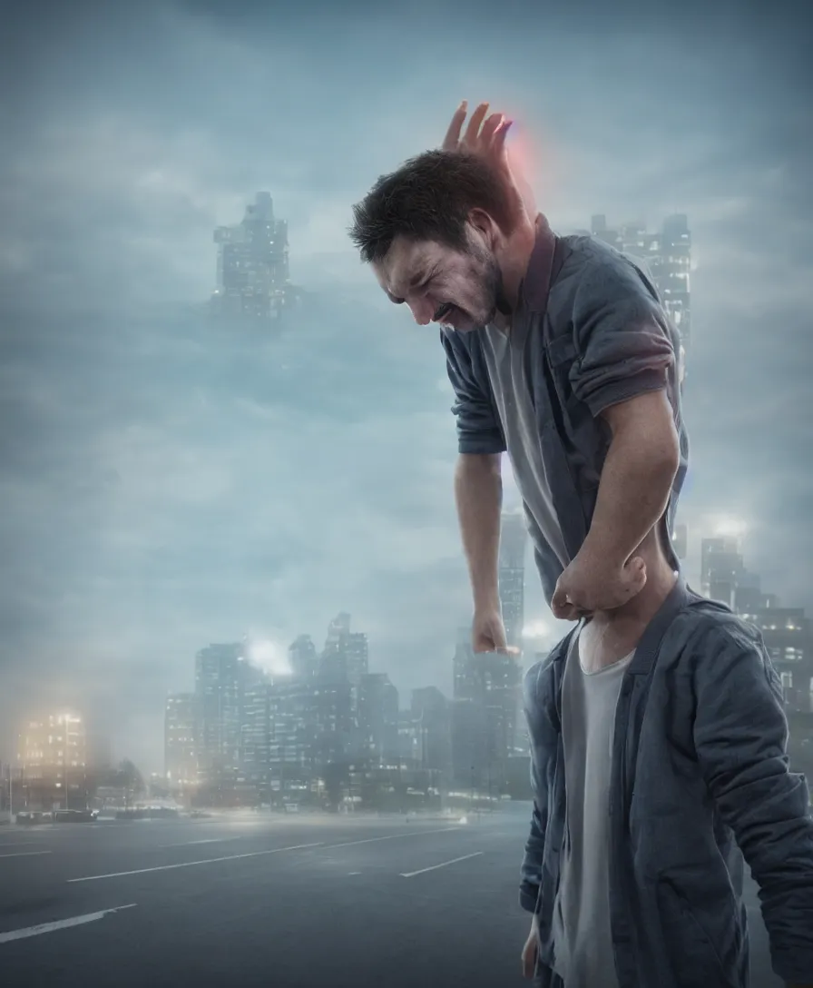 Prompt: realistic photo of man kind suffering due to high air pollution in future, wide angle shot, octane render, very hyper realistic, highly detailed