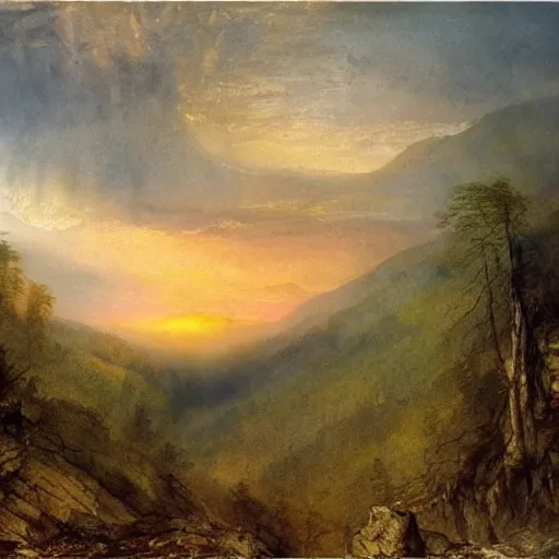 Image similar to a beautiful watercolor painting of an epic appalachian wilderness at dawn by j. m. w. turner, wide angle shot, godrays, mystical, deep shadows, epic scale